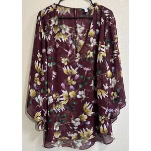 Boutique Women's Plus Size 3X Burgundy Floral 3/4 Sleeve Blouse Top Fairy Boho
